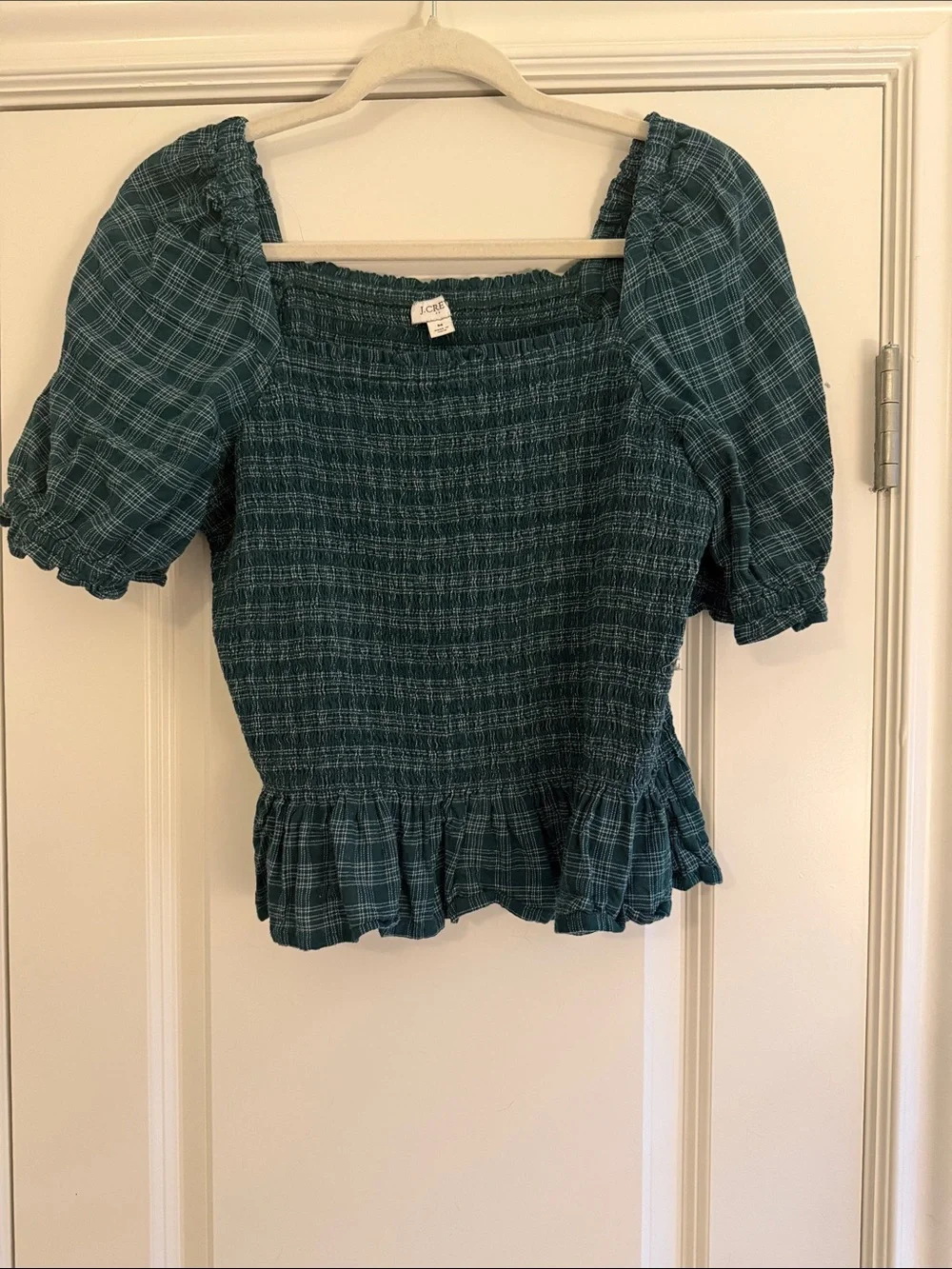 J. Crew Teal Plaid Smocked Puff Sleeve Top